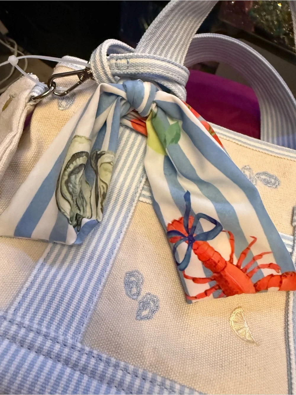 Madden Girl Cream Canvas Tote with Light Blue Striped Handles - Picture 9 of 14